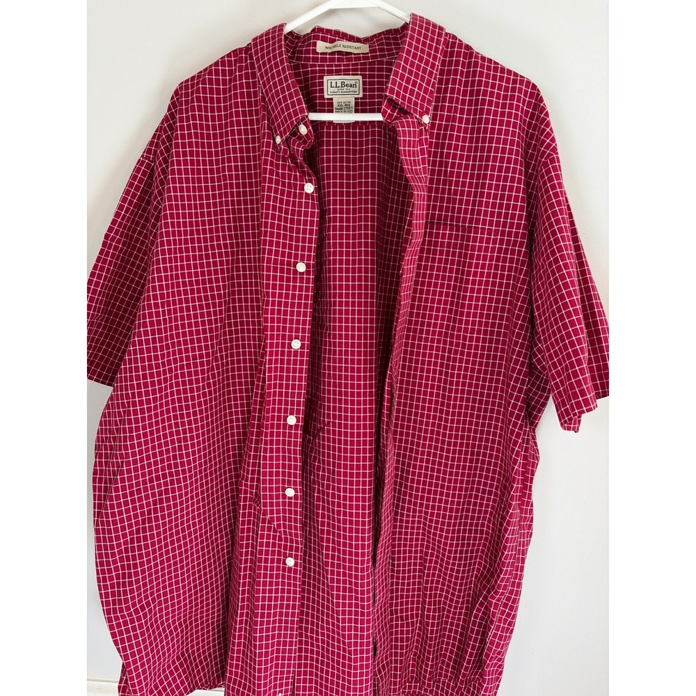 LL Bean Mens XXL Red White Windowpane Wrinkle Resistant Cotton SS Button Down